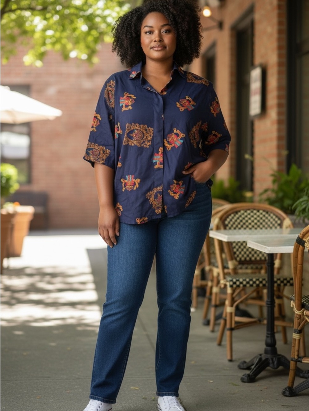Jones New York Navy Blouse with Rust and red Accent